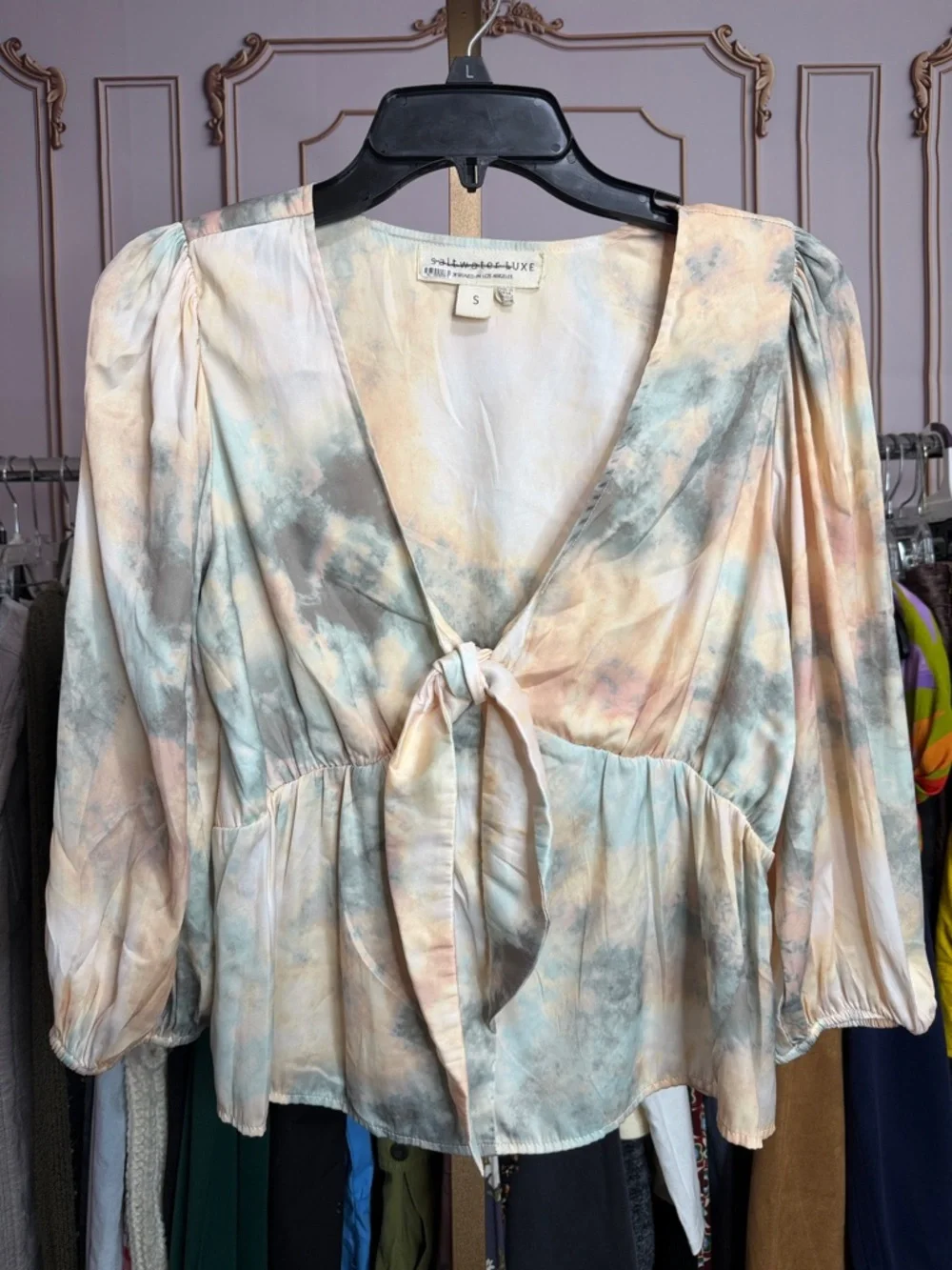 Saltwater Luxe Pastel Tie-Front Blouse – Puff Sleeve V-Neck Top Tie-Dye. Size S - Picture 2 of 8
